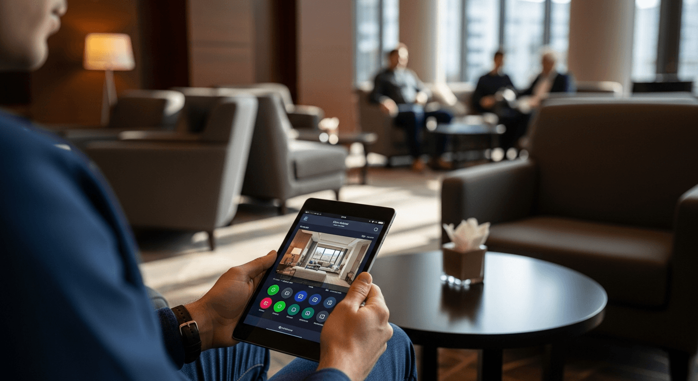 Guest using tablet technology in hotel lounge
